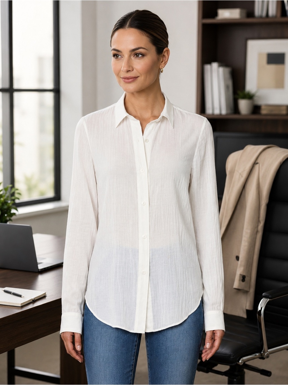 THEORY Essential Cotton Ivory Button-Down Shirt